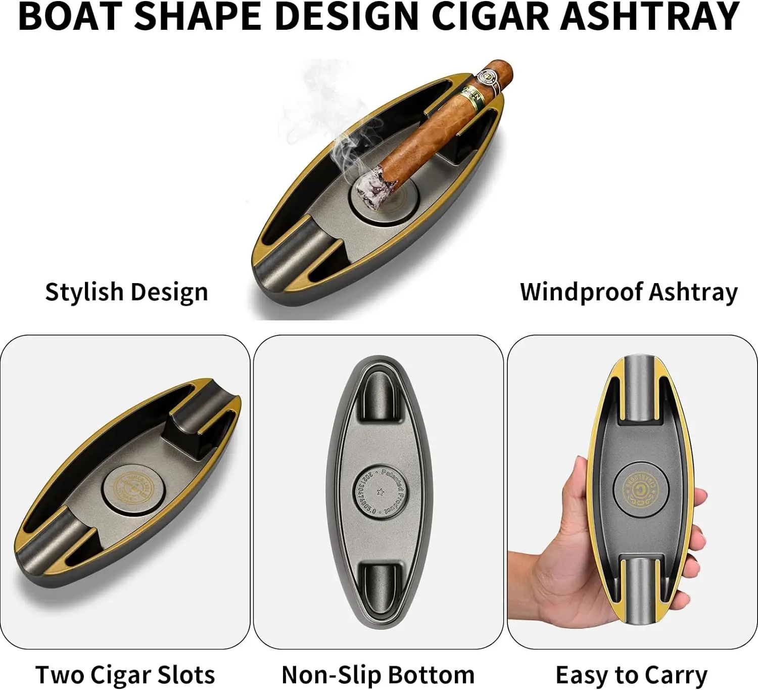 منفضة سجائر سيجار على شكل قارب مانسون خفيفة الوزن ومحمولة بفتحة مزدوجة فاخرة وجوية للمنزل والمكتب في الهواء الطلق