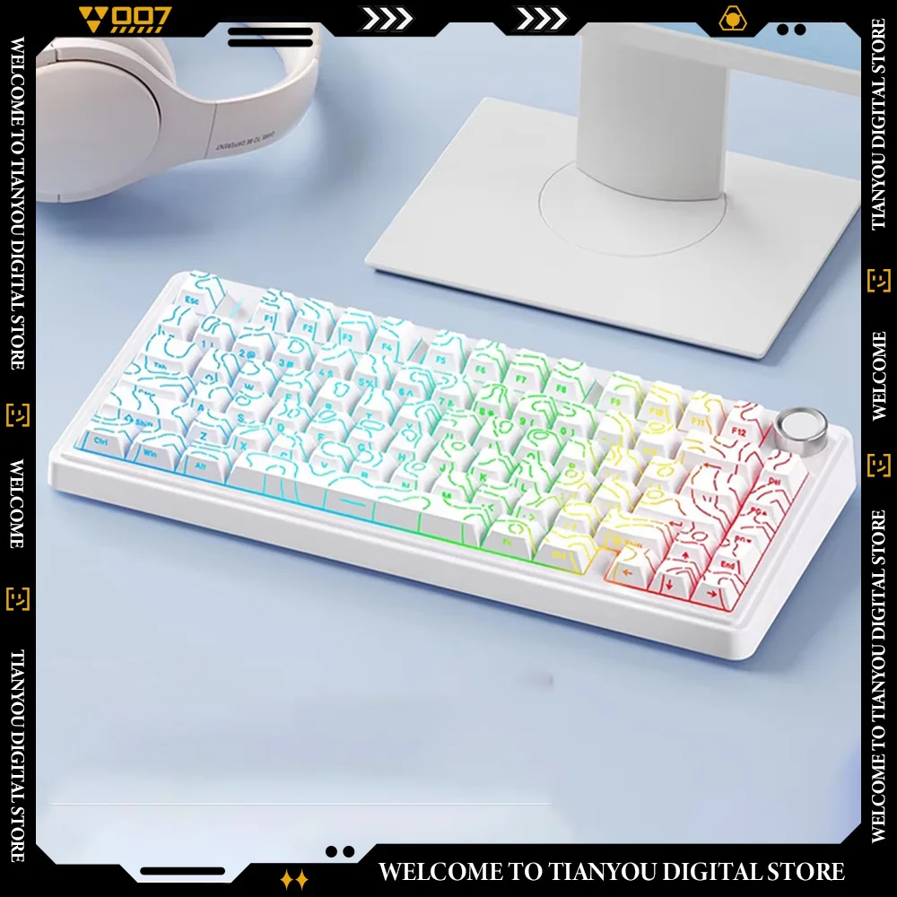 AULA F75 Black and White Contour Lines Mechanical Keyboards Game Accessories RGB Backlight Hot Swap Gaming Keyboard E-sports