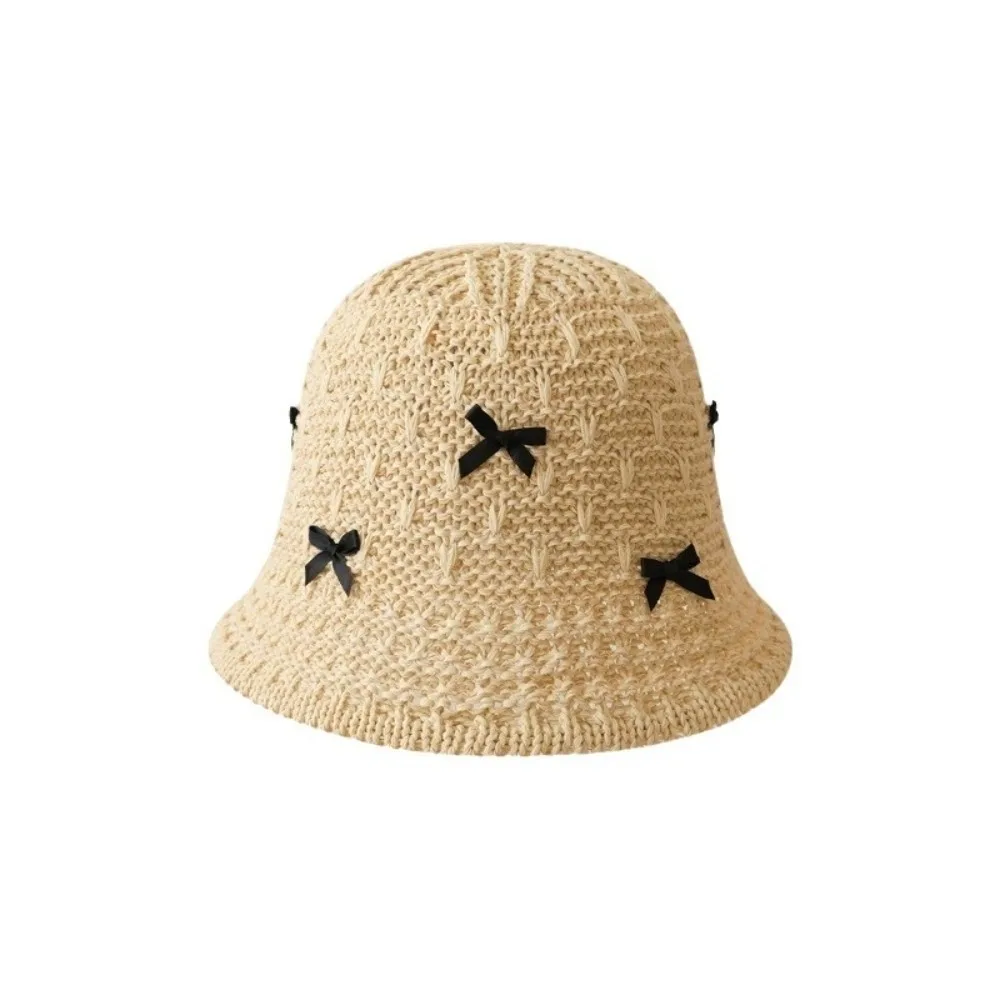 

Portable Solid Color Women Fisherman Hat Weave Wide Brim Bow Bucket Hat Breathable Cotton Sunscreen Visor Cap Travel