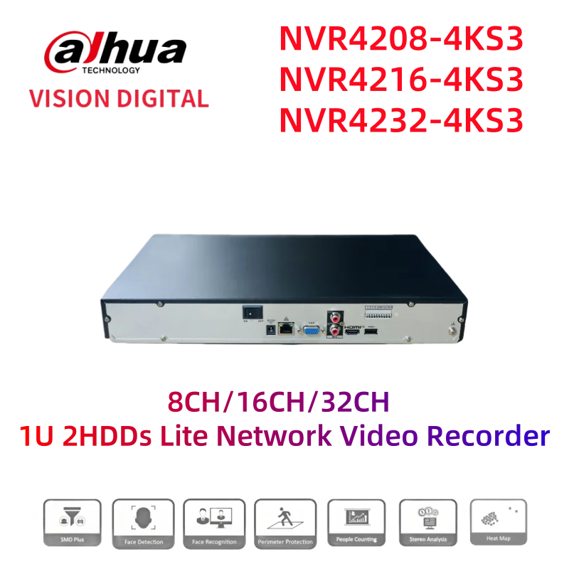 Dahua cctv recorder NVR4208-4KS3 NVR4216-4KS3 NVR4232-4KS3 8CH 16CH 32CH 1U 2HDDs Lite Network Video Recorder people counting