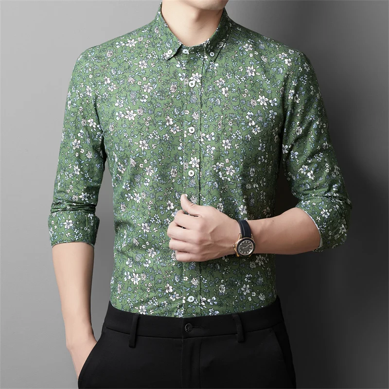 

Men Trendy Printing 100% Cotton Dress Shirts Autumn Floral Print Clothes Long Sleeve Single Breasted Pure Cotton Flowers Shirts