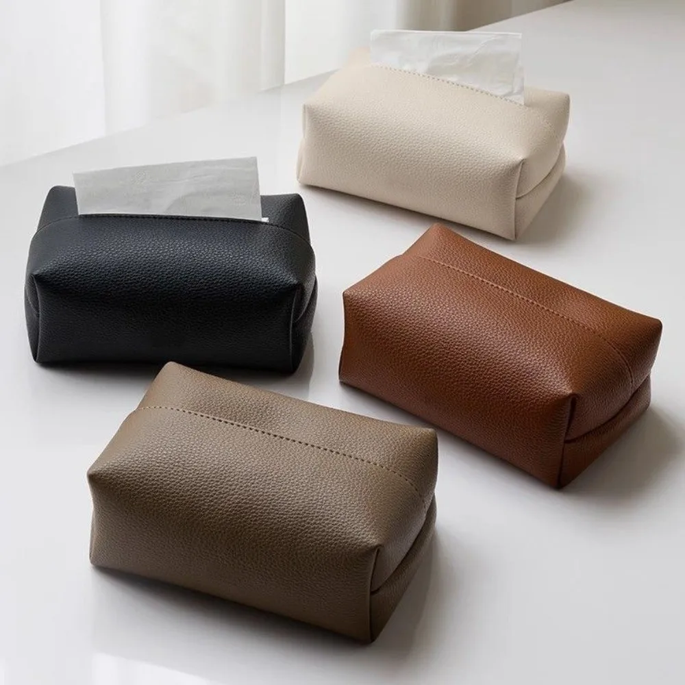 Artificial Leather Tissue Box Square Design Desktop Decoration Napkin Holder Solid Color Dustproof Tissue Paper Storage Bag