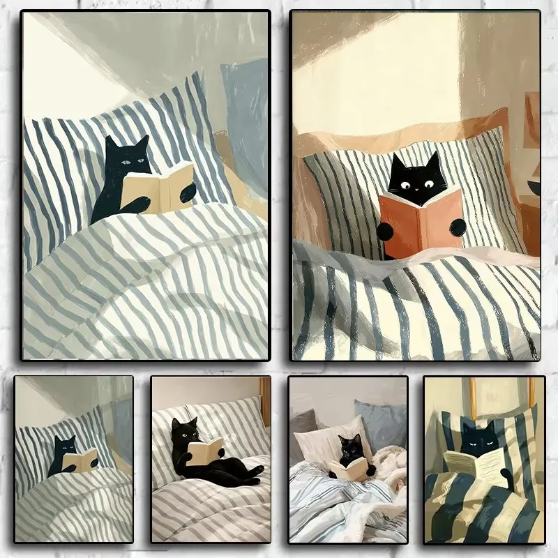 Japanese Black Cat Reading on Bed Canvas Printing Comfortable Book Lovers Cat Illustration Wall Art Poster for Modern Home Decor