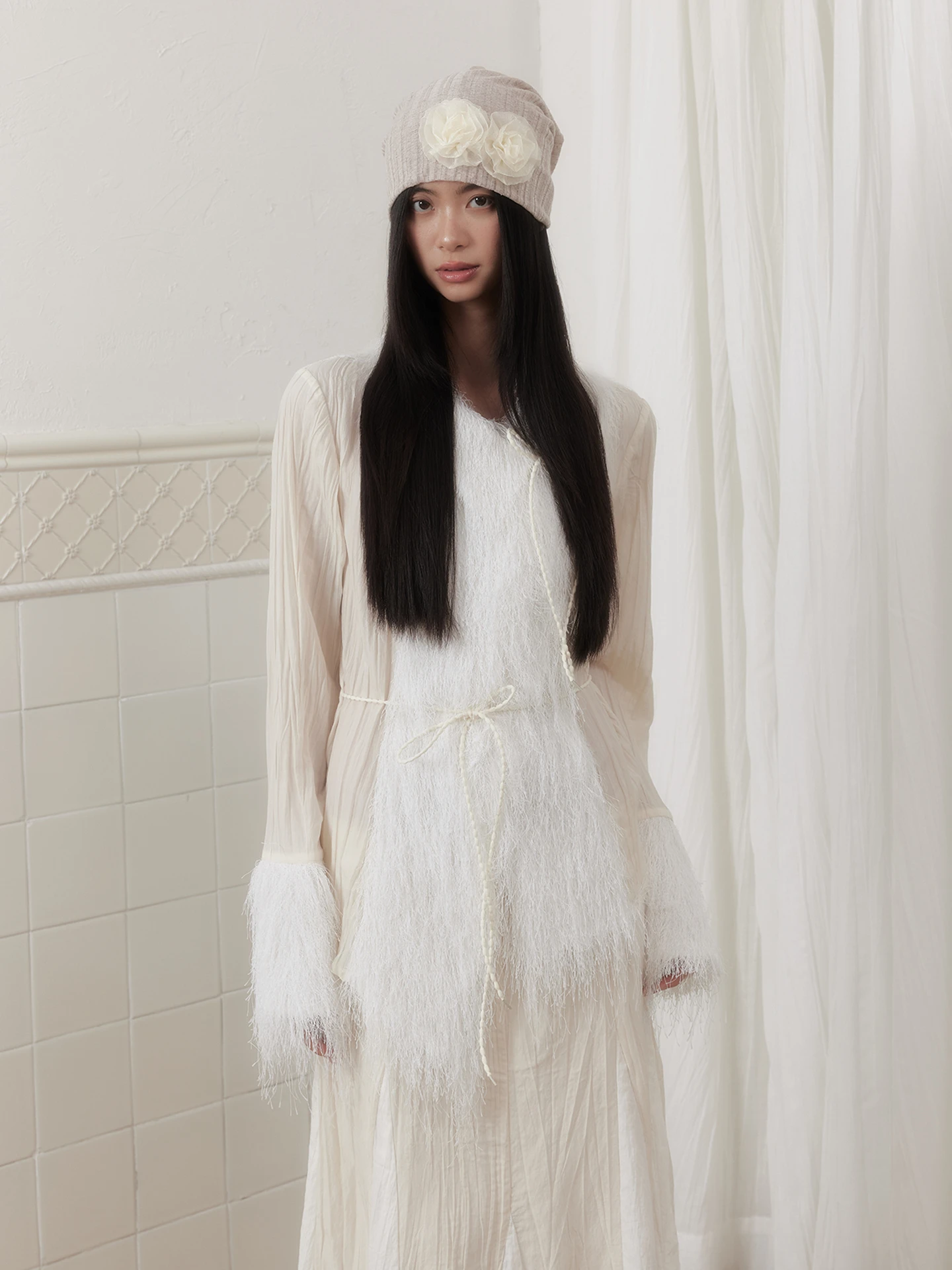 

Original Design Autumn Winter Beige Pleated Asymmetrical Fringed Splice Belted Slim Fit Waist Cinching irt for Women