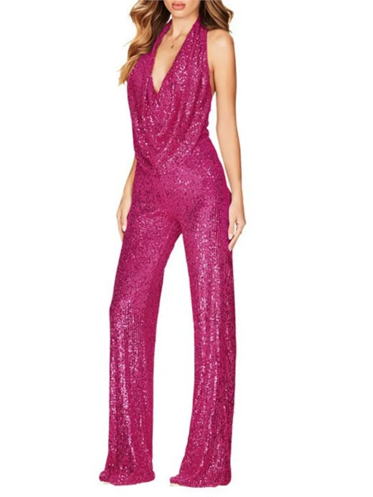 จั๊มพ์สูทแฟชั่นผู้หญิง แต่งเลื่อม คอ halter ทรงเข้ารูป เอวสูง ขาตรง สไตล์ลำลอง เหมาะสำหรับใส่ไปทำงาน ปาร์ตี้ งานพรอม ชุดจั๊มพ์สูทขายาวแบบชิ้นเดียว