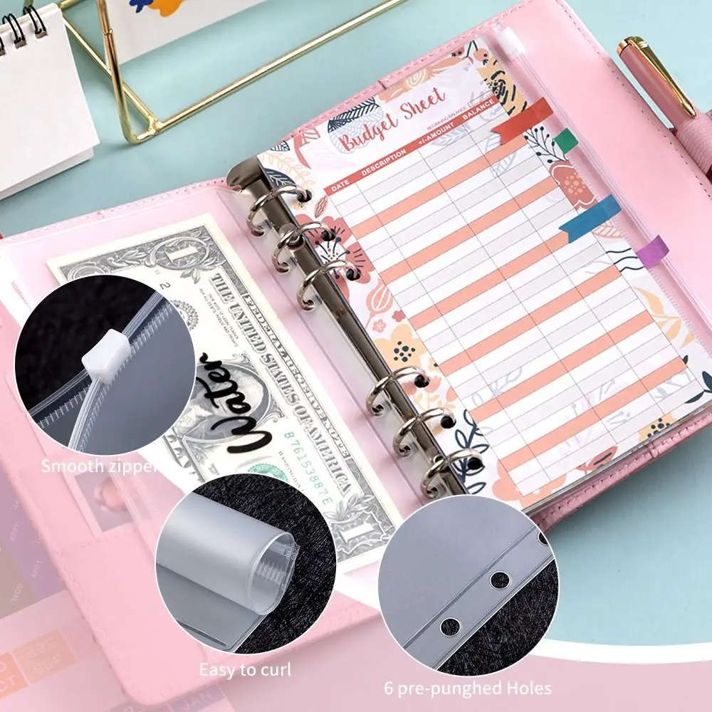 

Save Money A6 Budget Binder with Zipper Cash Envelopes PU Leather Budget Planner Organizer Expense Sheets Cashew Flowers