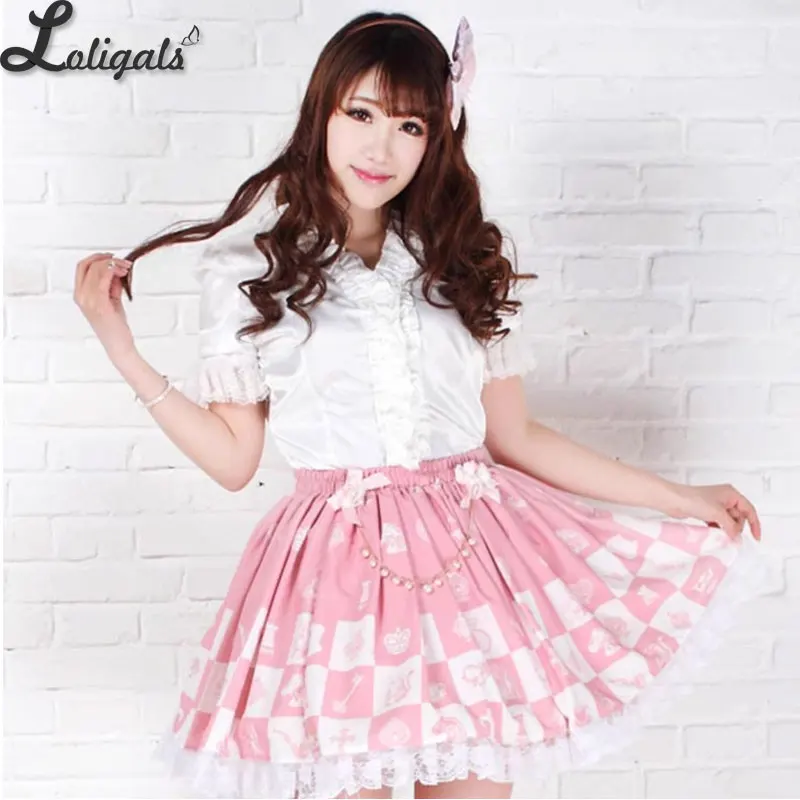 Pink Lolita Short Skirt Sweet Princess Alice Chess Grid Printed Pleated Japanese Style Kawaii Mini Skirt with Chain