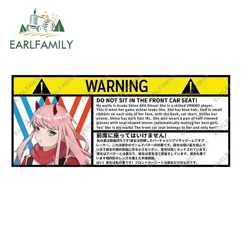 EARLFAMILY Car Sticker for Creative Zero Two Warning Slap Stickers Anime Vinyl JDM Window Caravan Racing Decal Car Accessories