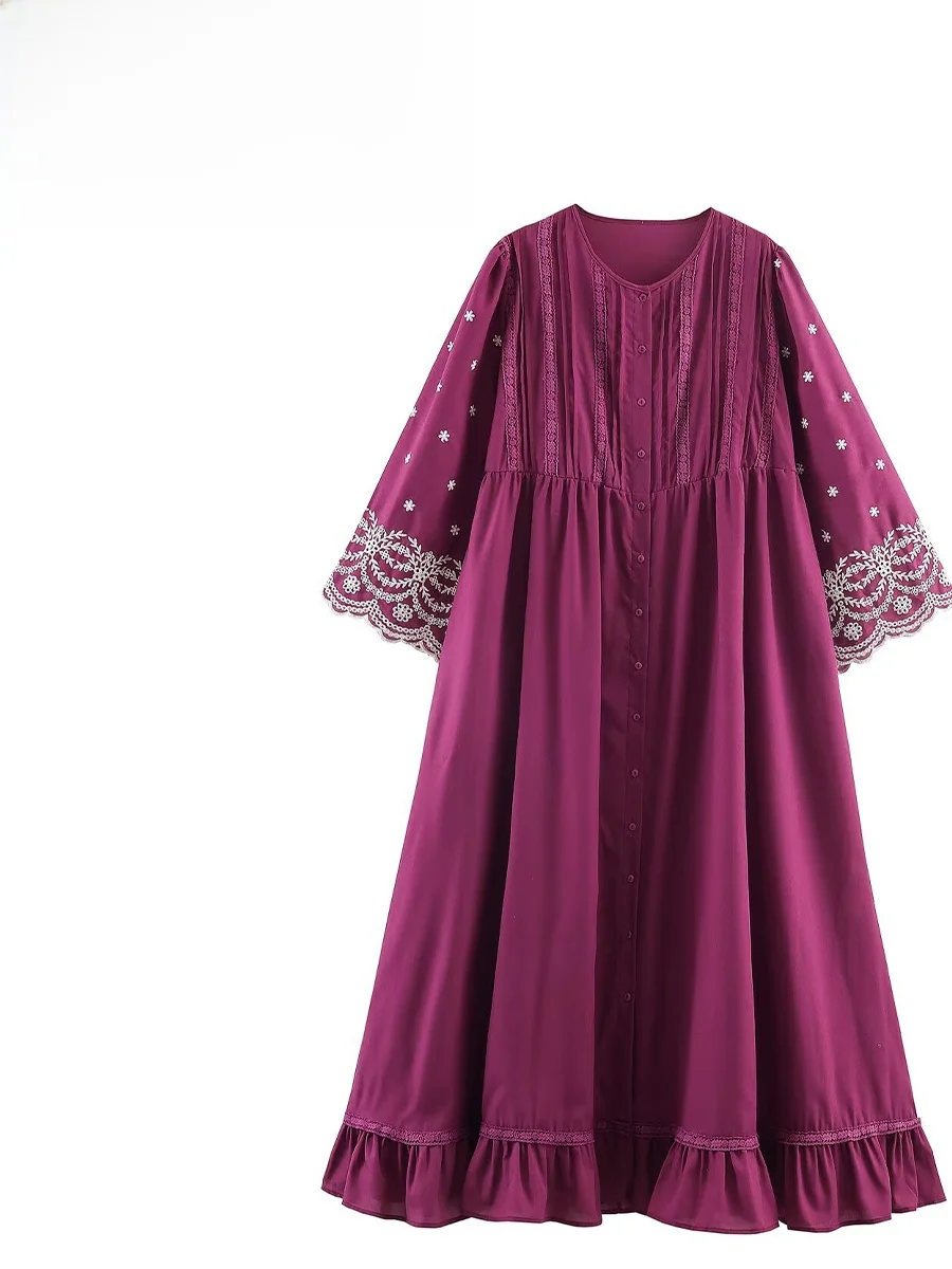 

ZARK Весенняя новинка: Модное свободное женское платье с длинным рукавом, круглым вырезом и вышивкой, из полиэстера, А-силуэт, для повседневной носки