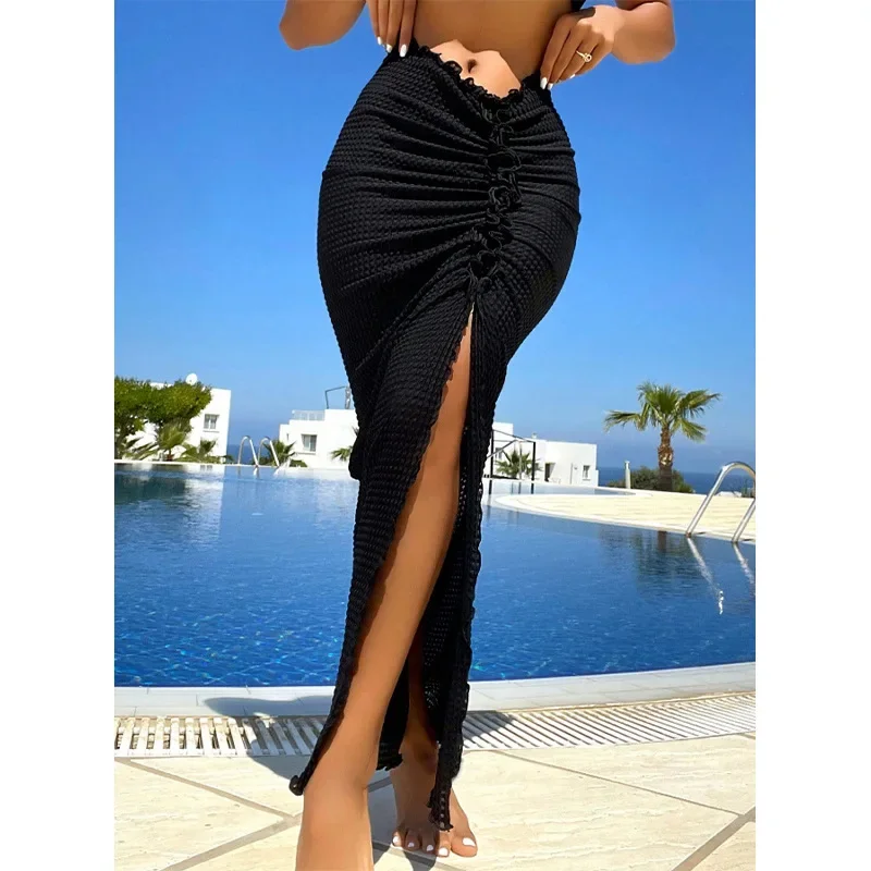 

Conservative Pure Color Long Skirt Swimsuit Three-Piece Set Single Item Folded Design High-End Feeling Cross-Border New Style