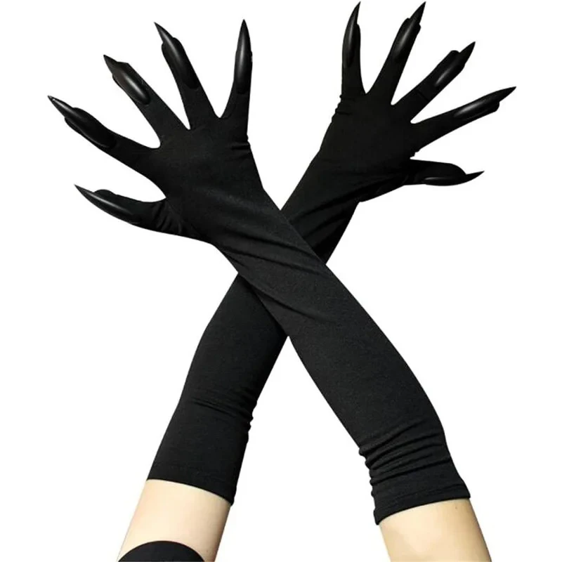 1Pair Long Nail Gloves Halloween Cosplay Ghost Claw Gloves Fashionable Personality Solid Color Mittens Stage Performance Props