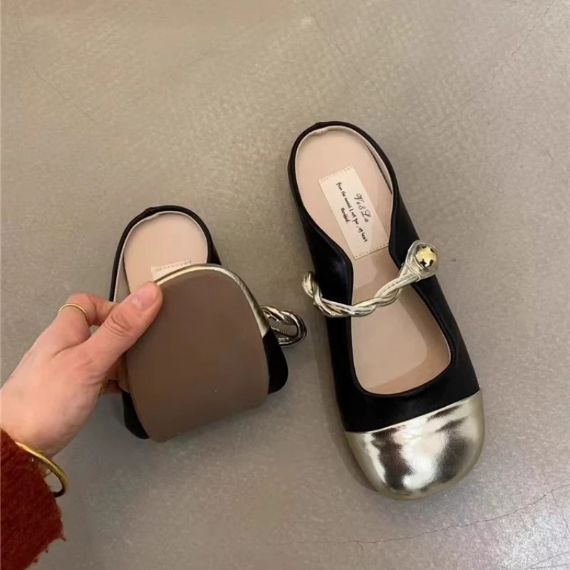 Women\'s Slippers Summer New Flat Bottom Round Head Metal Decorative Baotou Sandals Casual Fashion Comfortable Non-slip Slippers