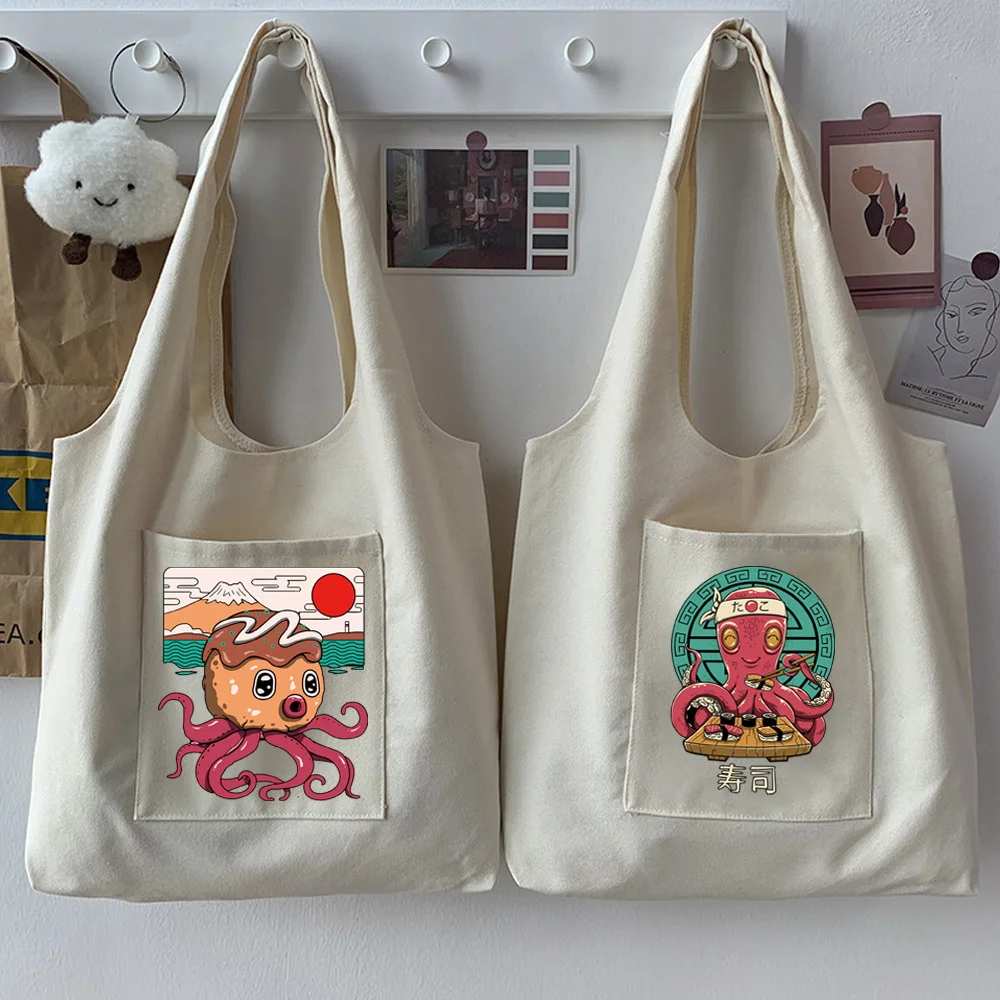 

Women Shoulder Shopping Bags Daily Use Eco Reusable Grocery Tote Bag Fashion Cute Monster Print Commuter Handbag Canvas Vest Bag