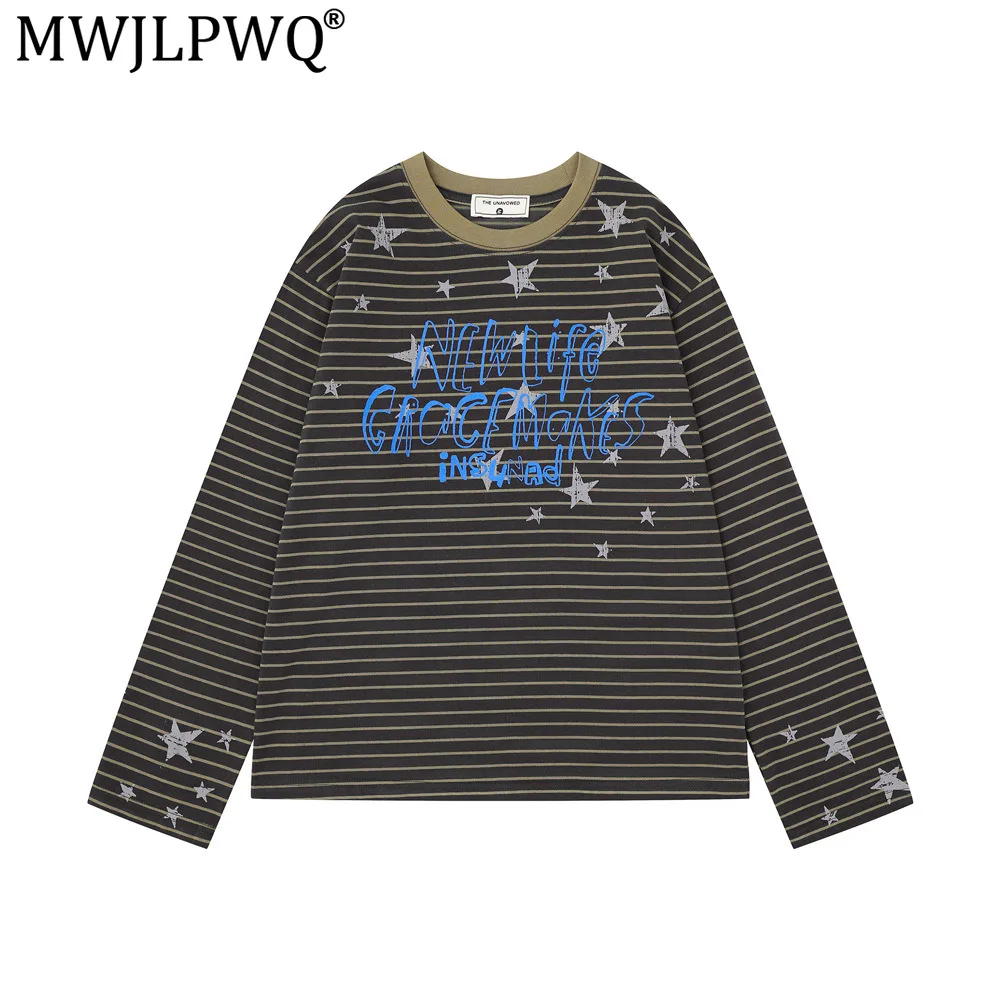 MWJLPWQ Striped Long-Sleeve T-Shirt For Men Casual Loose Fit Round Neck Star Letter Print Top Spring Autumn Ins Street 20899