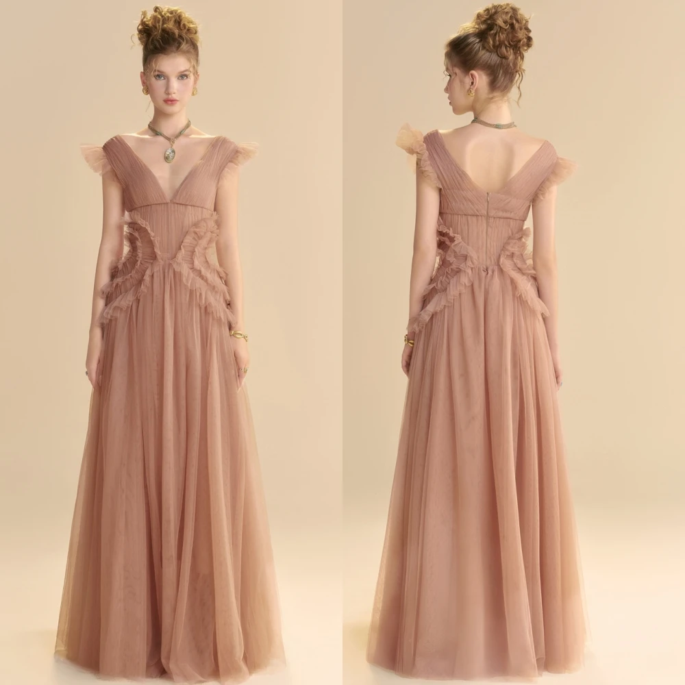 

Customized Simple Chiffon V-Neck Evening Dress Exquisite Sleeveless Prom Dresses Delicate Sweep Train Special Occasion Gowns