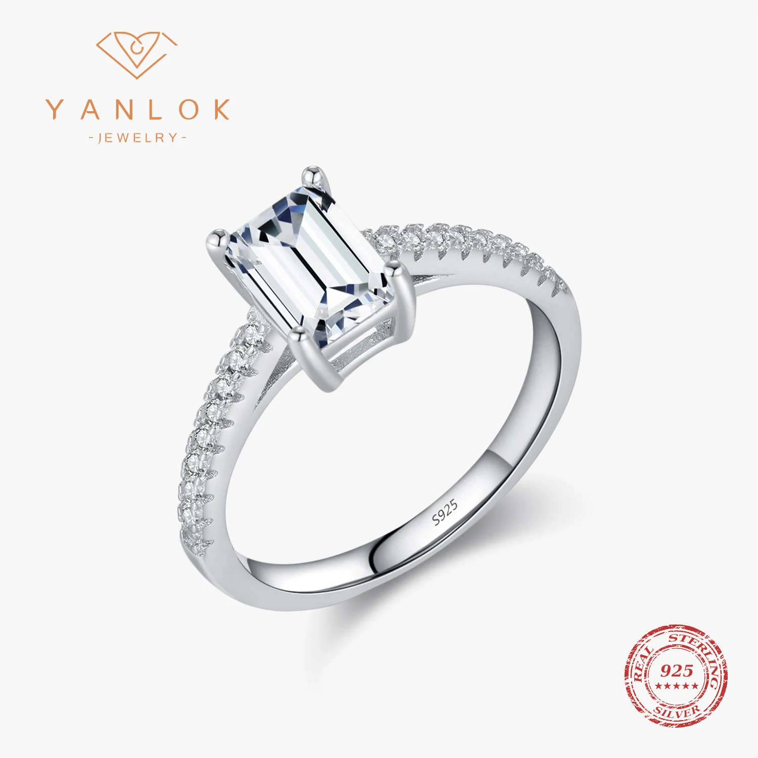 

YANLOK 925 Sterling Silver Exquisite Sparkling Rectangle Clear CZ Wedding Engagement Band Rings For Women Fine Jewelry