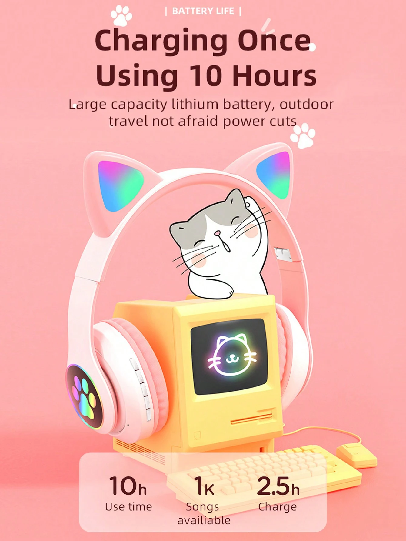 Cute Led Glowing Cat Ear Wireless Bluetooth Headphones Deep Bass_voghion.com