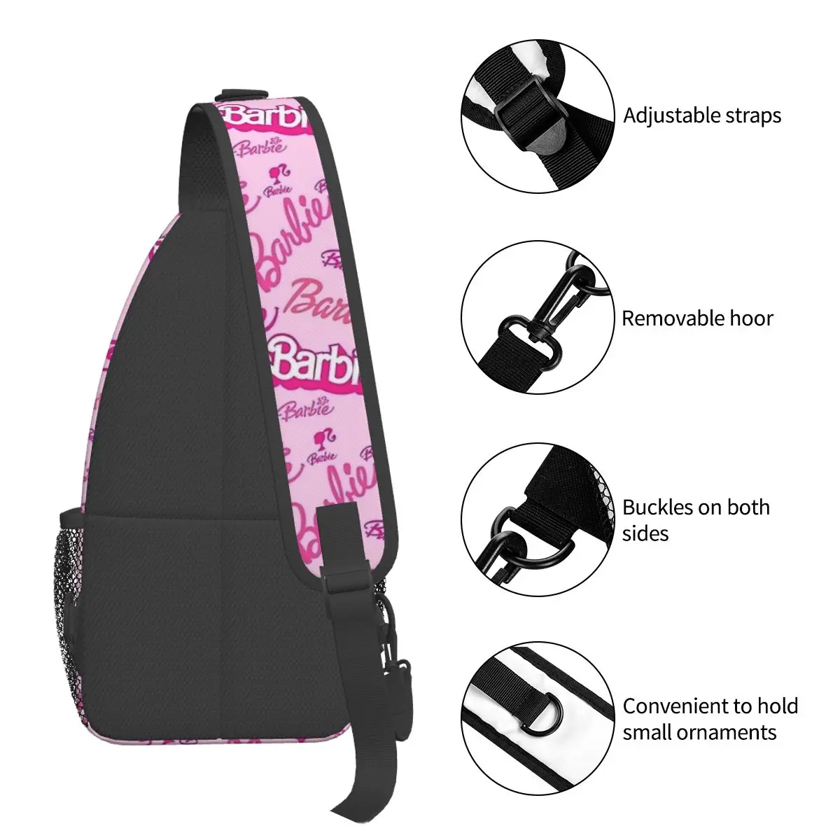 Bolsas crossbody sling para mulheres, logotipo barbie, bolsa peito rosa, mochila ombro menina, mochila para caminhadas, viagem, acampamento, cool