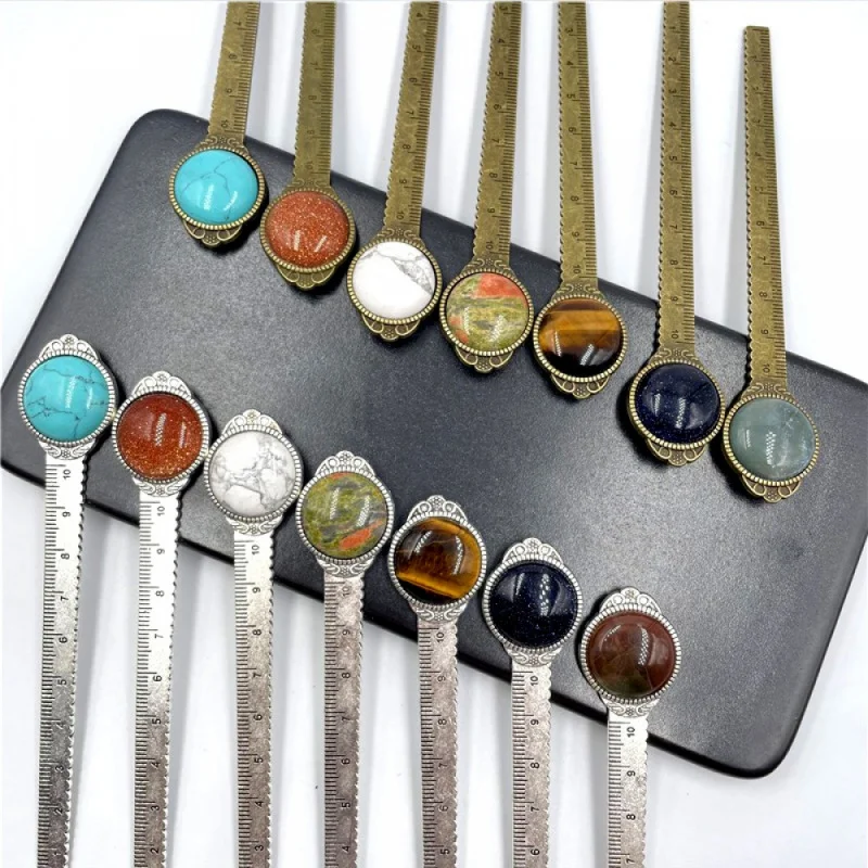 10cm Retro Semi-Precious Inlaid Bookmark Metal Stationery Gifts Handmade DIY Jewelry Tools Natural Tiger Eye Crystal Stone Ruler