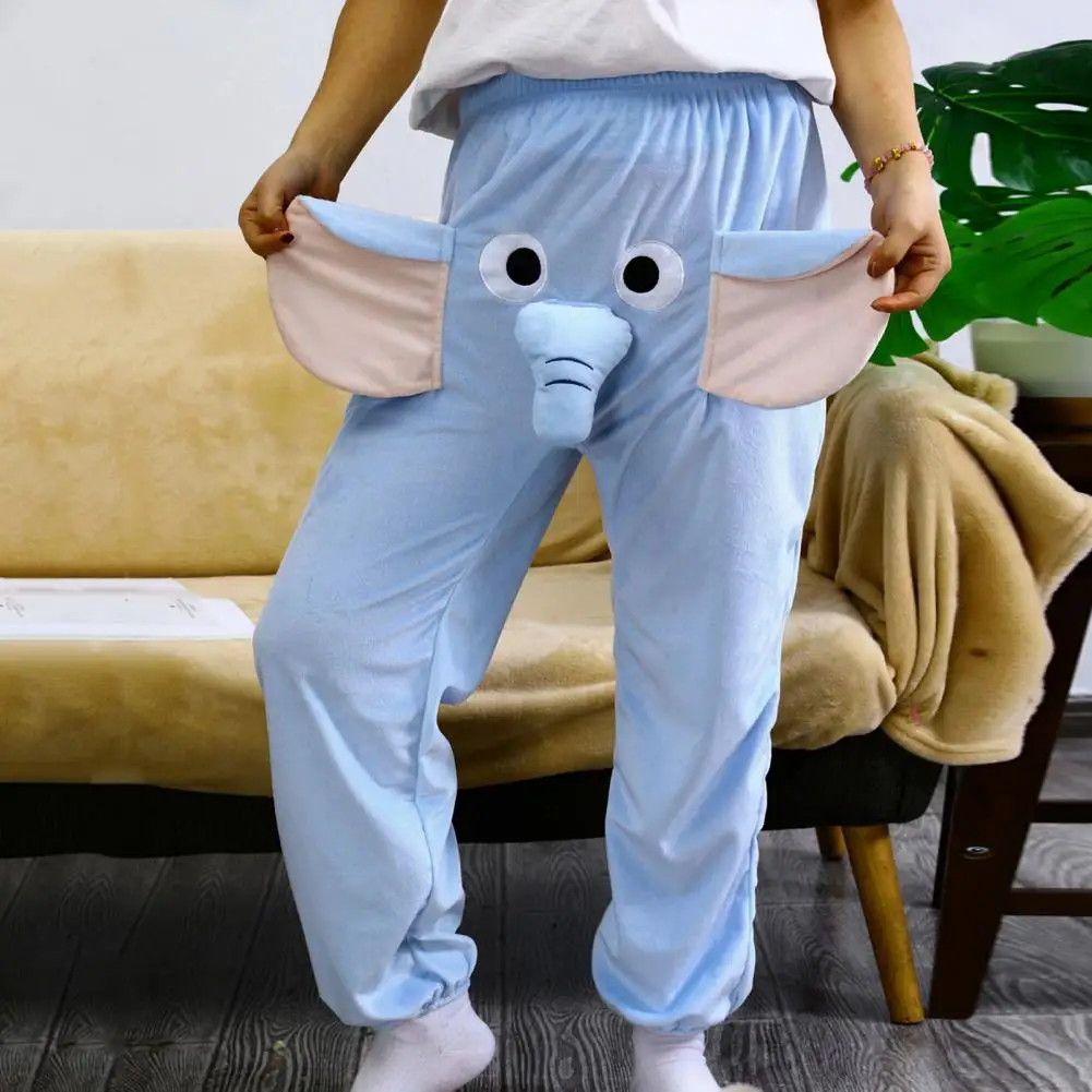 Cartoon Pajama Pants Elephant Pattern Wide Leg Design Women Men Lounge Pants Elastic Waistband Mid-Rise Pajama Bottoms