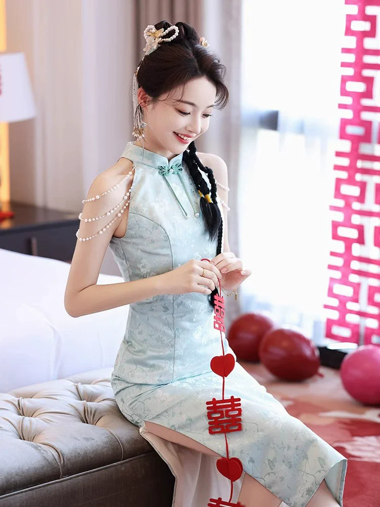 الأزرق المطبوعة شيونغسام التقليدية اليوسفي طوق خمر تشيباو مثير رائعة حفل زفاف ثوب النمط الصيني اللباس #4