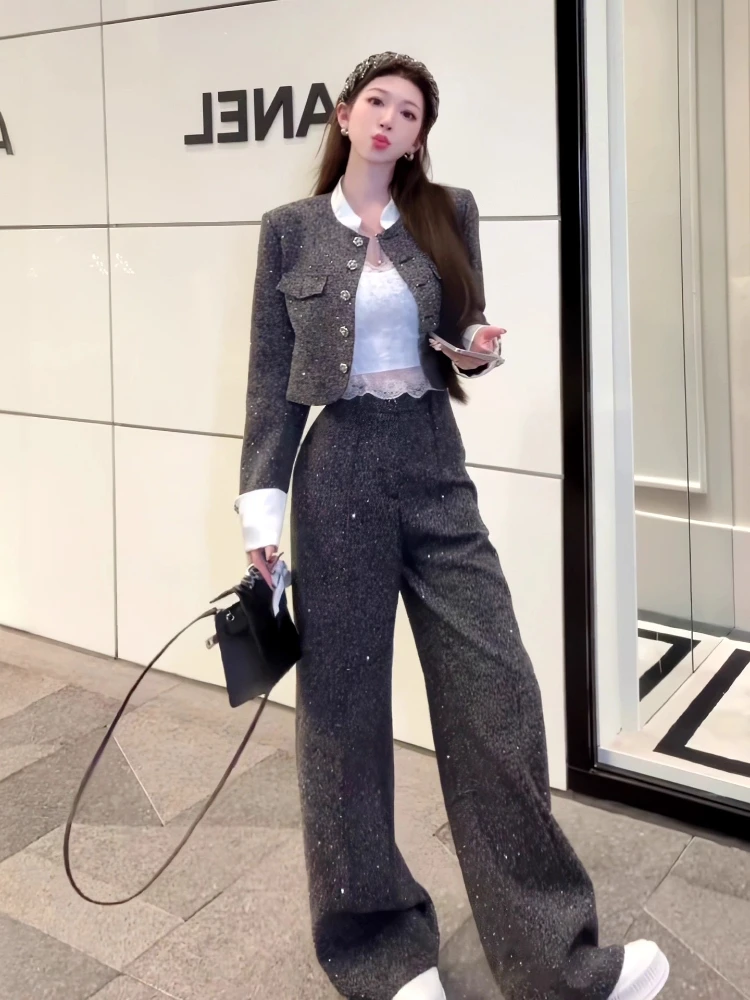 

Комплект широких брюк с высокой талией, женский осенне-зимний элегантный французский костюм с коротким воротником-стойкой, пальто, прямые брюки, костюм из двух предметов, верхняя одежда