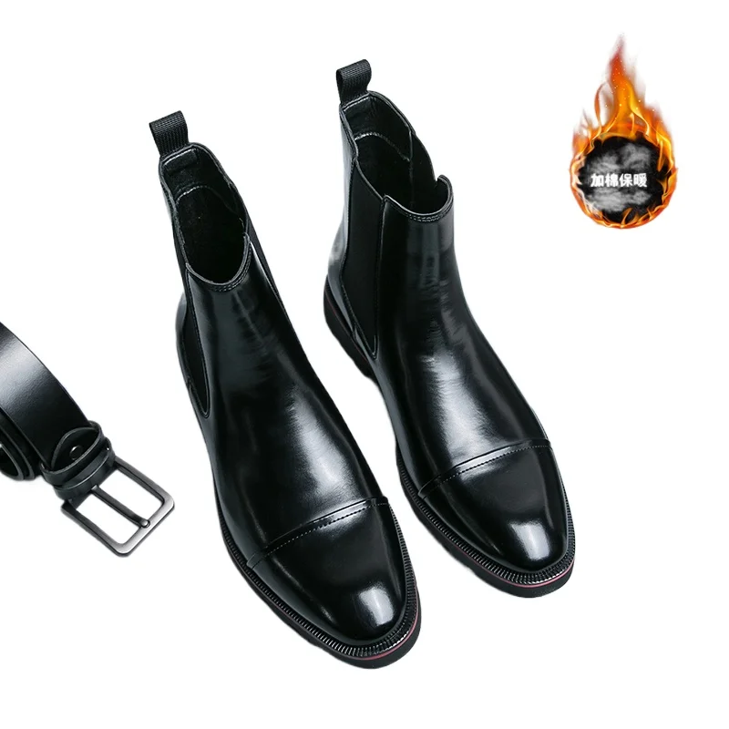 

Men Chelsea Boots PU Solid Color Short Plush Comfortable Warm Bare Boots Low Heel Classic Business Men Boots Size 38-46