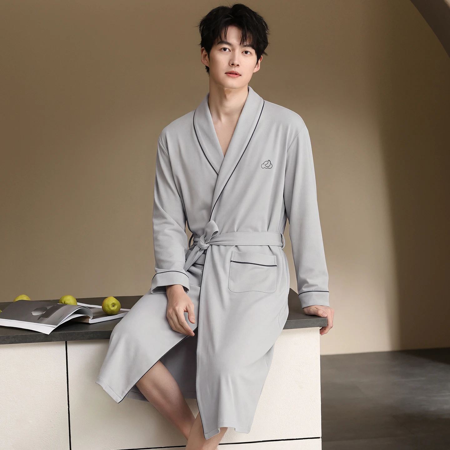 Spring Autumn 100%Cotton Solid Color Bath Robe New Fashion Casual Nightgown Long Bathrobes Men Sleepwear Long Sleeve Robes L-7XL