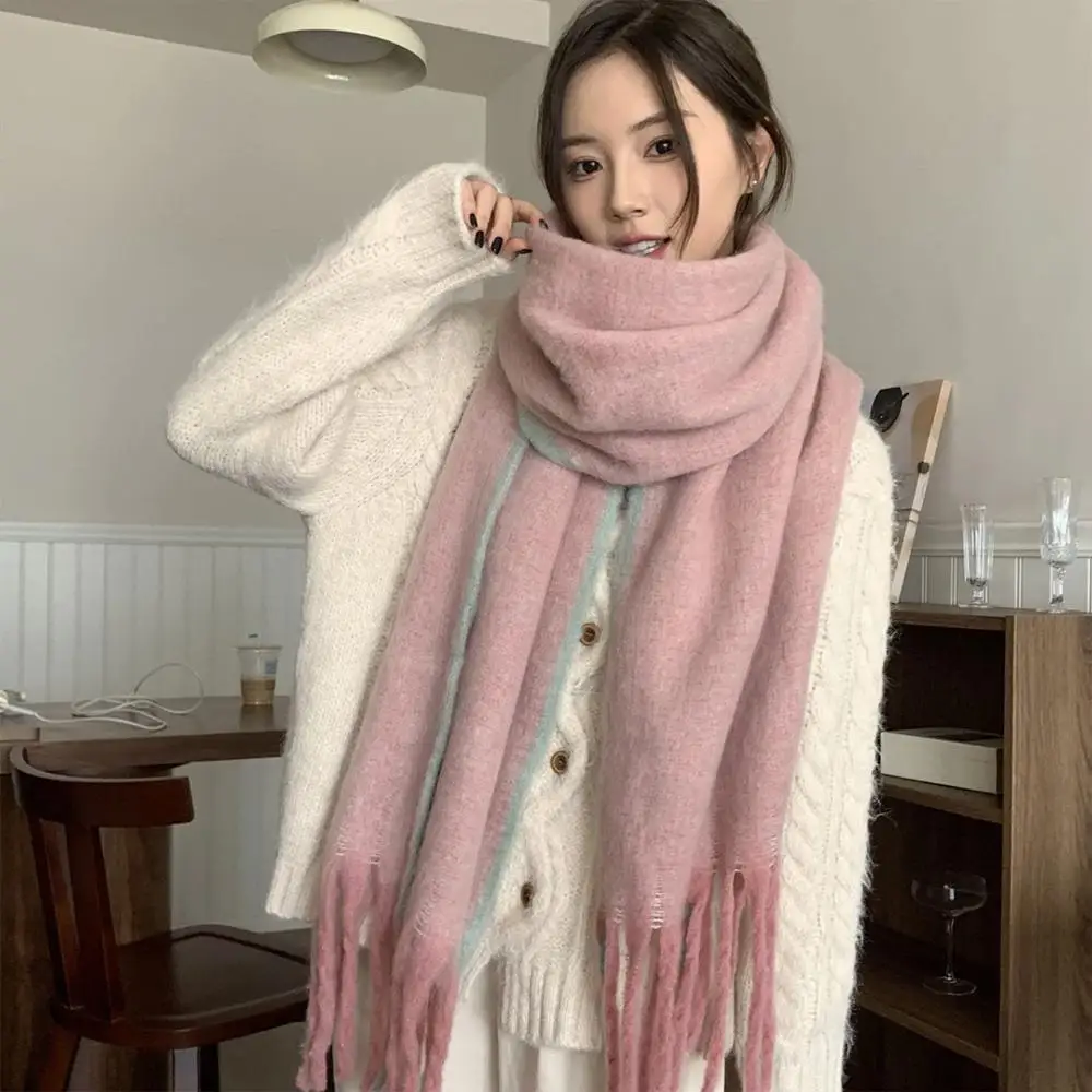 Fashion Stripes Mohair Thick Cashmere Scarf Women Winter Tassel Scarf Students Warm Extended Long Scarves Shawl Neckerchief Gift