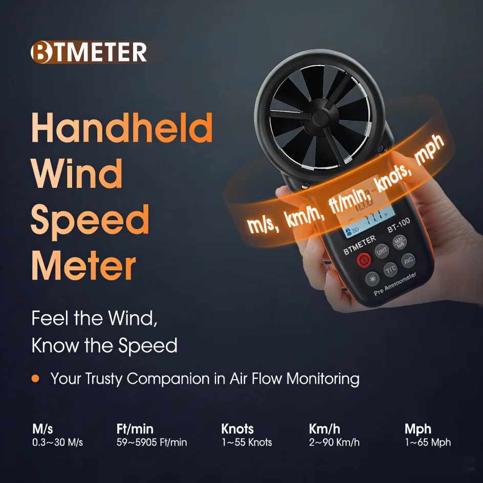 

Ручной анемометр BT100, цифровой измеритель скорости ветра с 8 лопастями вентилятора, ЖК-дисплей с подсветкой, переключатель измерения в нескольких единицах, подходит для работы на открытом воздухе