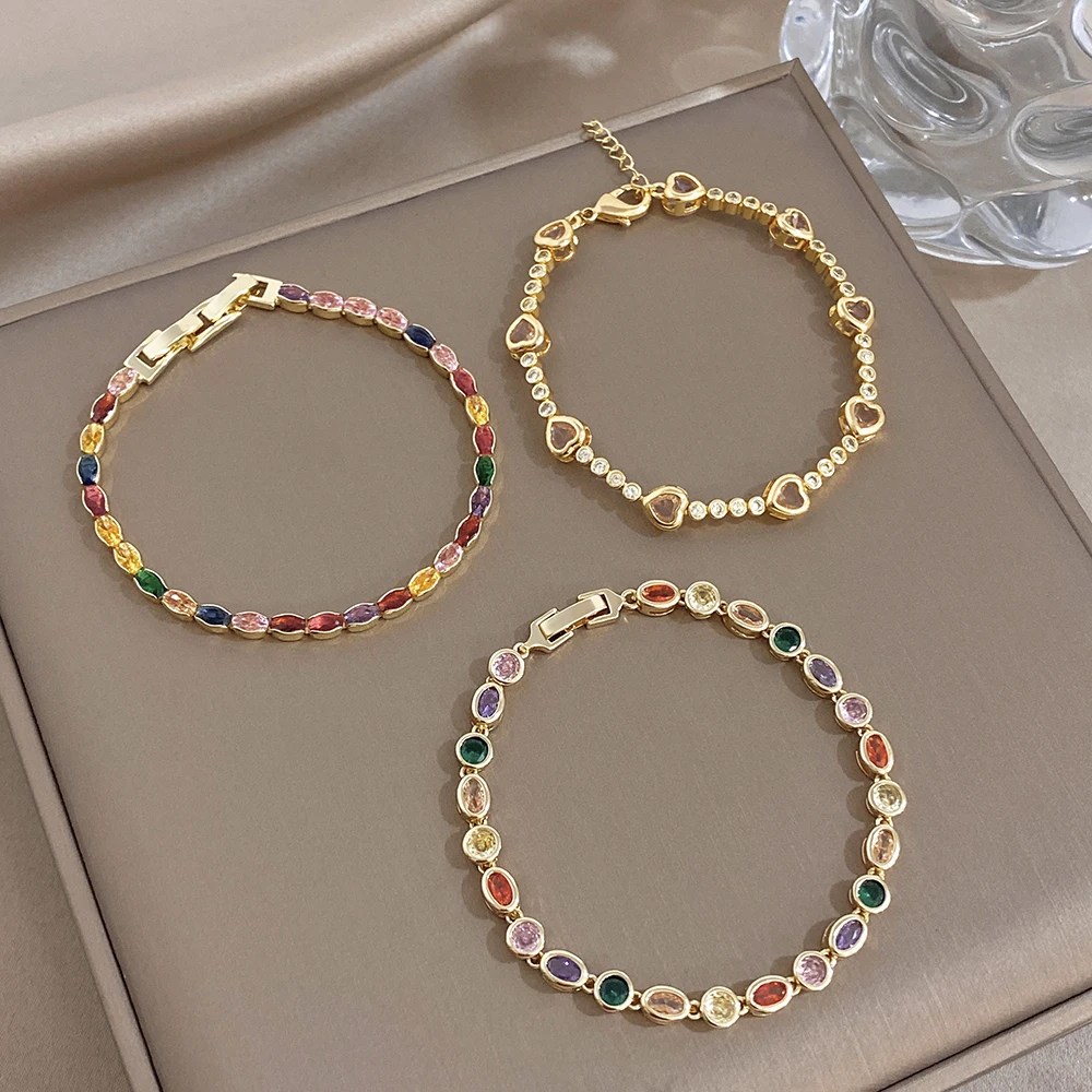 Trendiges Vergoldetes Kupfer-Armband für Frauen Zartes Buntes Regenbogen-Zirkon-Perlen Gliederketten-Armband Party-Schmuck