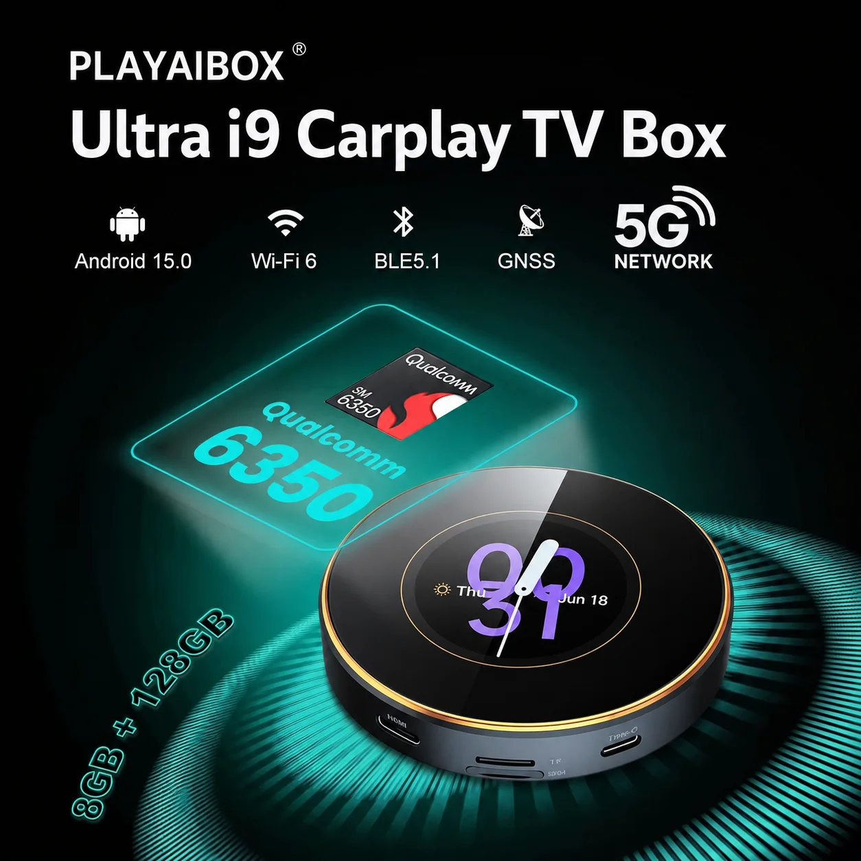 PLAYAIBOX CarPlay Tv Box Android 15 Ultra CarPlay Ai Box Android Auto Wireless Adapter GPS QCM6350 5G LTE For Youtube Netflix