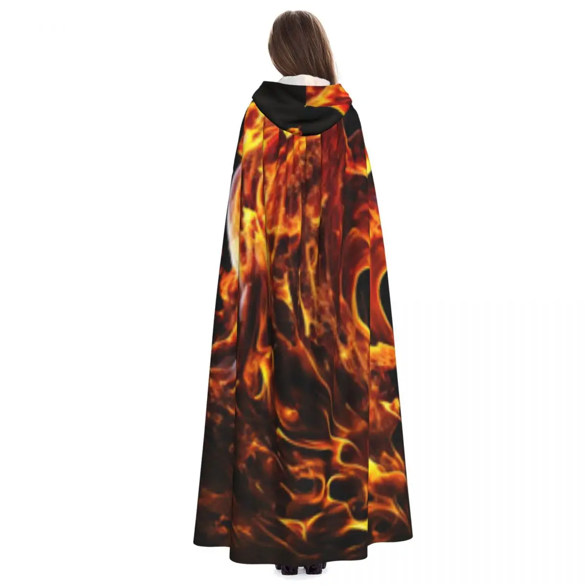 Adult Halloween Fire Flame Cloak Cape Hooded Medieval Costume Full Length Dress Coat