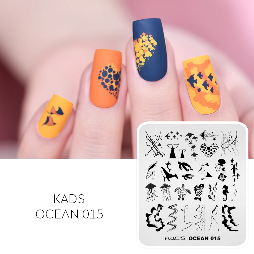 KADS Ocean 015 Nail Art Templates Stainless Steel Stamping Plate Wave Curve Fish Octopus Line Tortoise Design Manicure Stencil