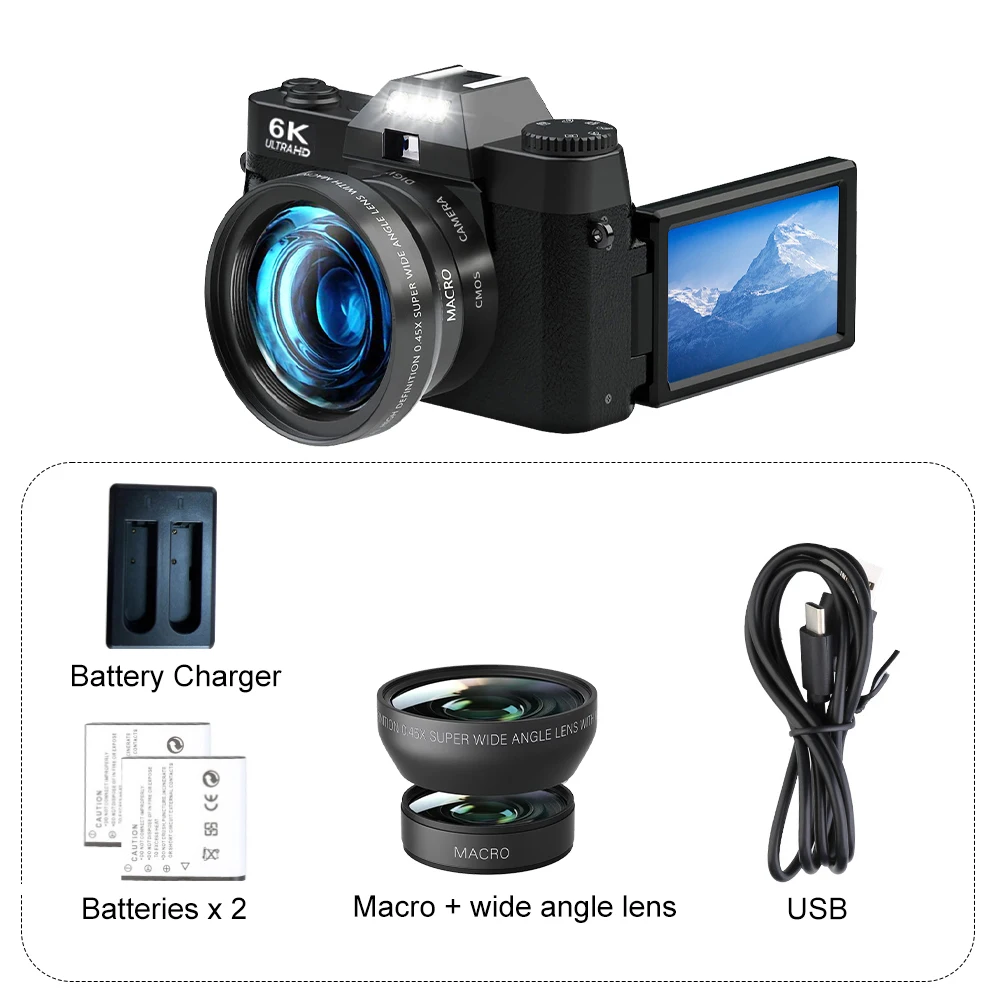 Ourlife 6K digitale fotografiecamera 16X digitale zoom 64 MP Vintage Vlog-videorecorder YouTube 180 °   Flip Screen WiFi-webcam