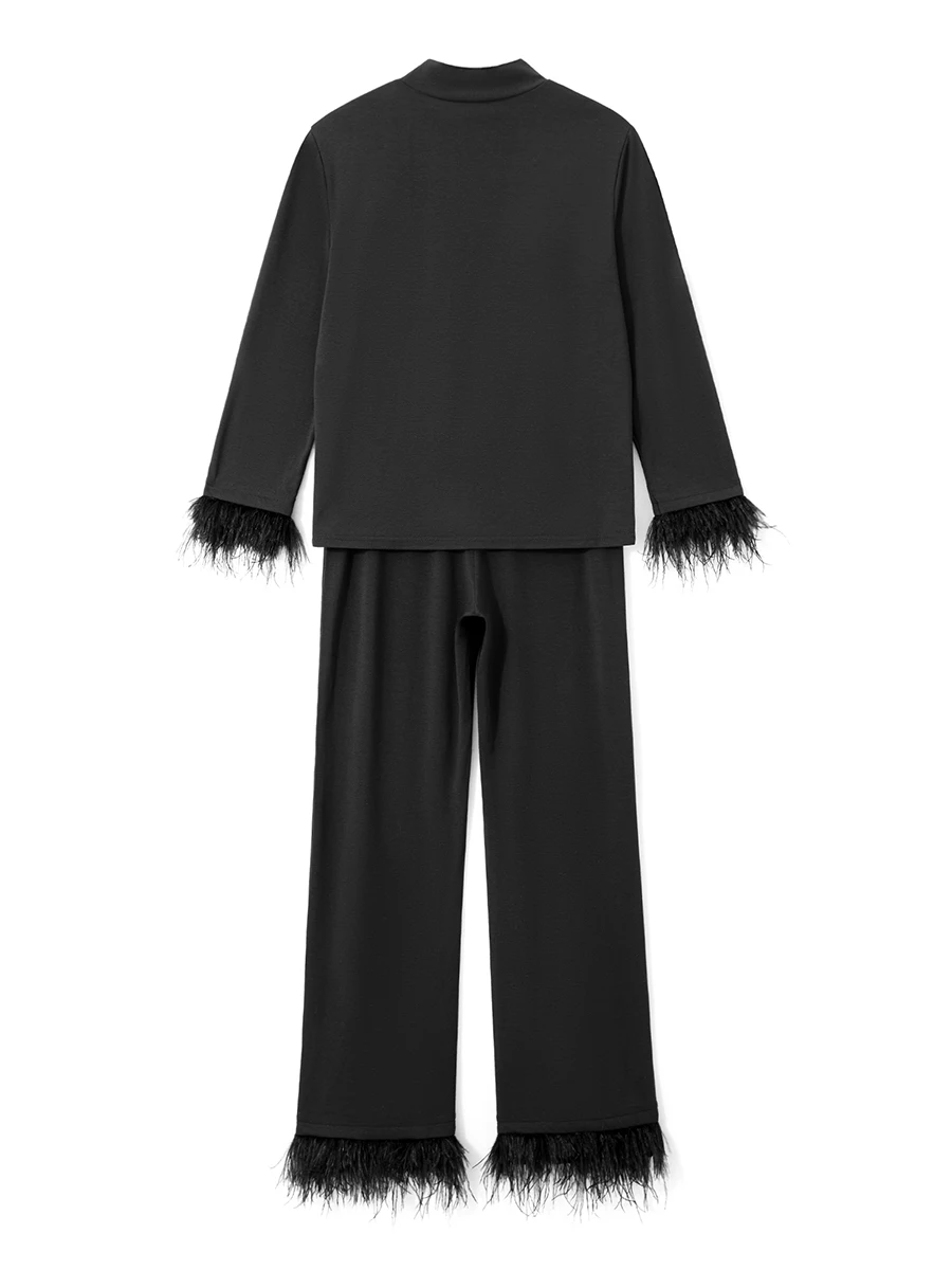 

Women Feather Trim Pajamas Sets 2 Piece Satin Silk Fuzzy Trim Sleepwear Button Down Shirt and Pants Loungewear