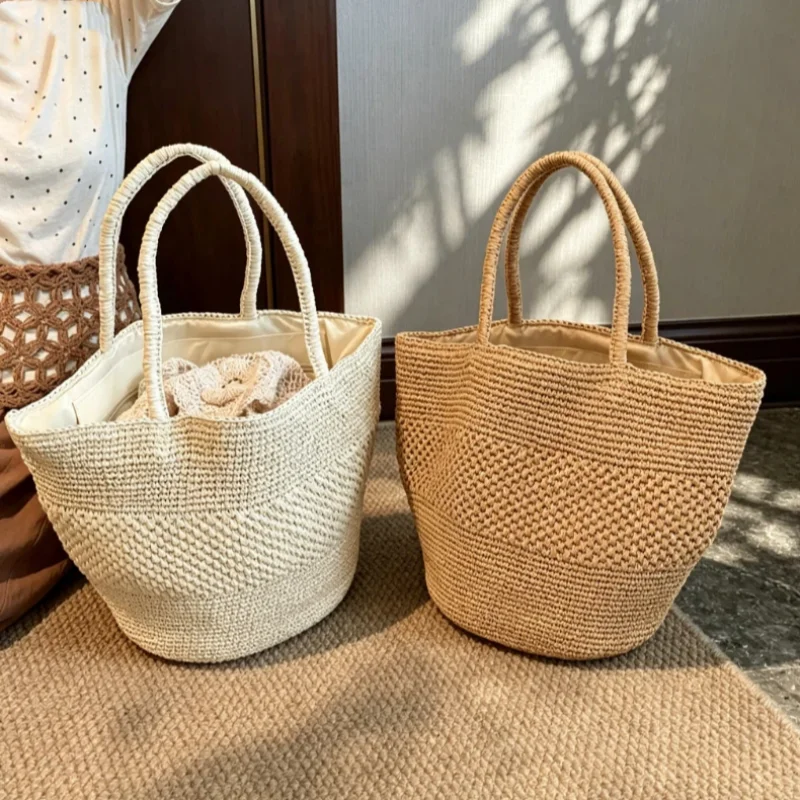 

Brand Woven Basket Bag New Summer Beach Vacation Straw Shoulder Bag Fashion Large Capacity Handbag Retro Commuter Bucket Bag