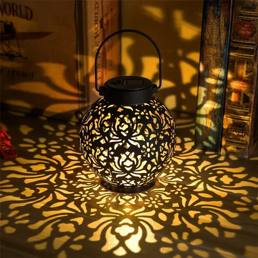 LED Solar Lantern Light Hollow Wrought Iron Projection Light Hanging Lamps Outdoor Waterproof Yard Garden Art Decoration