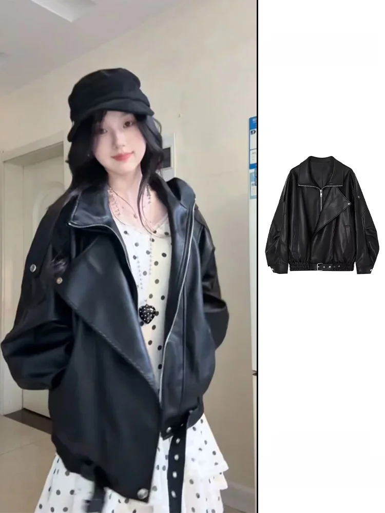 Retro American Style Women's Biker Jacket PU Leather Coat Spring Autumn New Fashion Casual Standard Fit Warm Zipper Closure