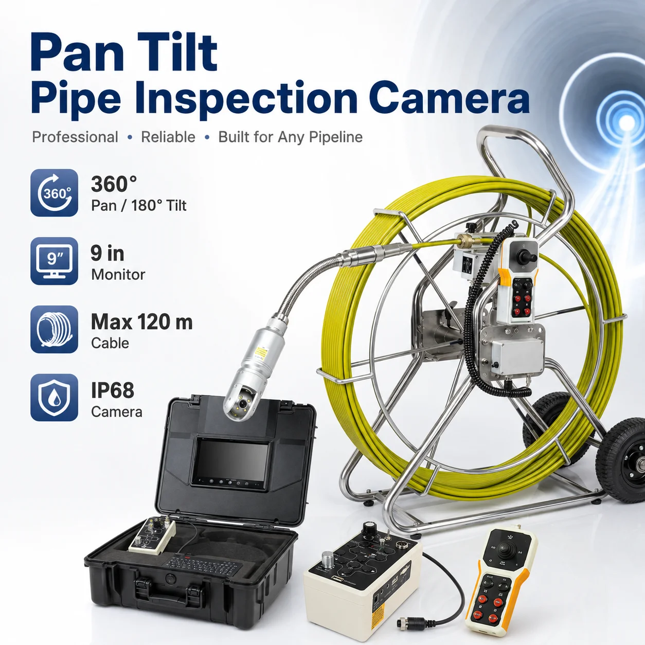 MYT WOPSON Industrial Drain Inspection Camera 360 180 Rotation 512Hz Transmitter 120m Cable Reel For DN60 To DN400 Pipes