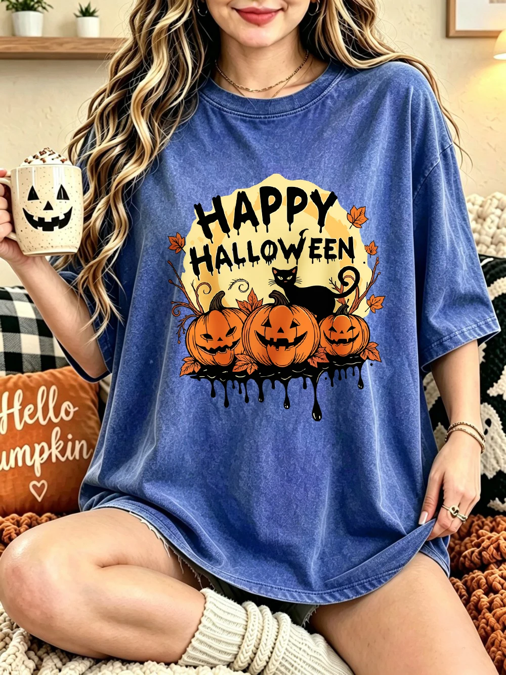 Happy Halloween Kürbisse bedruckte, gewaschene T-Shirts, Damen-Baumwoll-Tops mit kurzen Ärmeln, lässige Oversize-T-Shirts mit Rundhalsausschnitt, Sommerkleidung – Detail 16