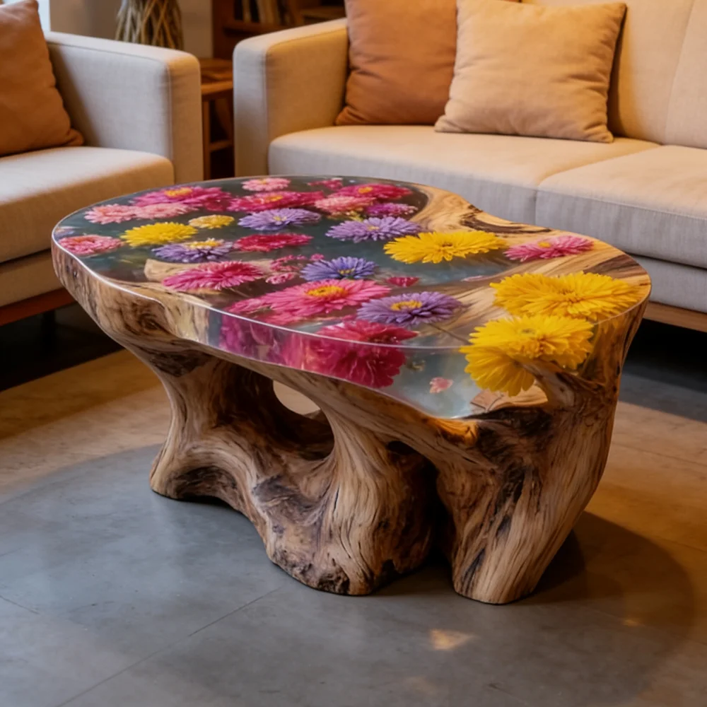 

mnCustom Handmade Luxury Natural Live Edge Wood Root Epoxy Resin Floral Coffee Table Modern Art Dried Flower Tea Desk Furniture*