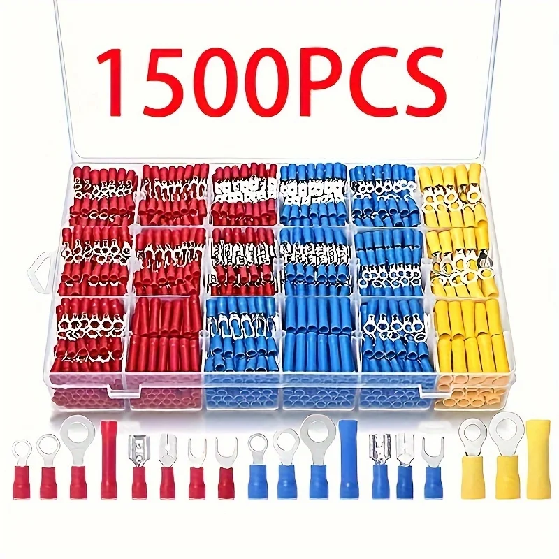Kit de connecteurs de fil isolés robustes, 1500 pièces, avec bornes à code couleur (AWG 22-16, 16-14, 12-10)-pêche à sertir, fourche, Rin