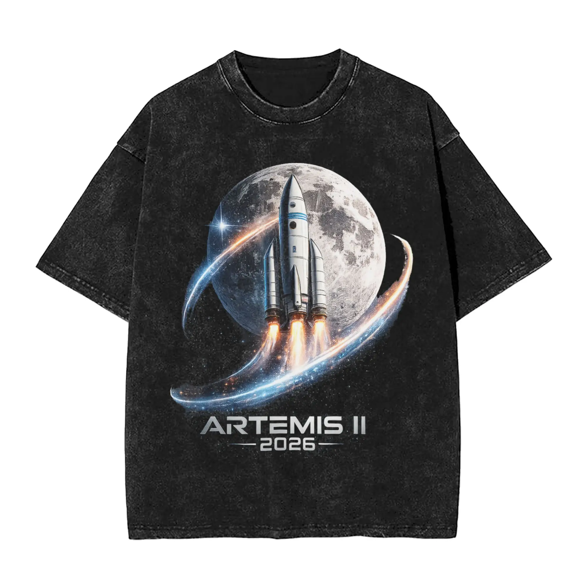 Men T-Shirt Artemis II Launch to The Moon Washed T Shirts Hipster  Summer Tees Vintage Custom DIY Casual Tops Birthday Present