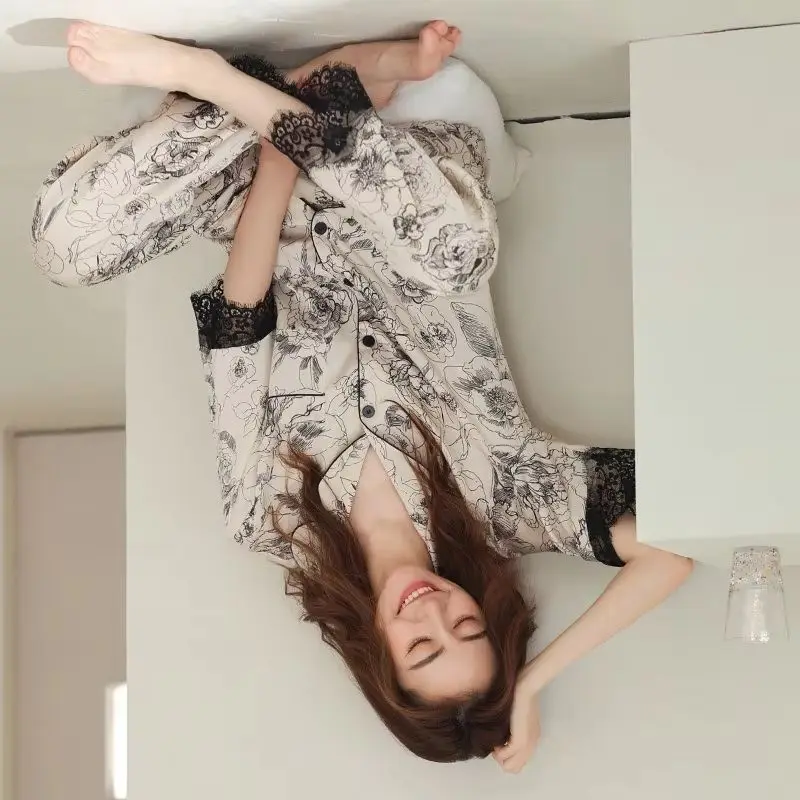 A High-end Silk Pajama Two-piece Set for Women New Autumn Ice Silk Short-sleeved and Long-sleeved Suit and A Silk-like Home Wear