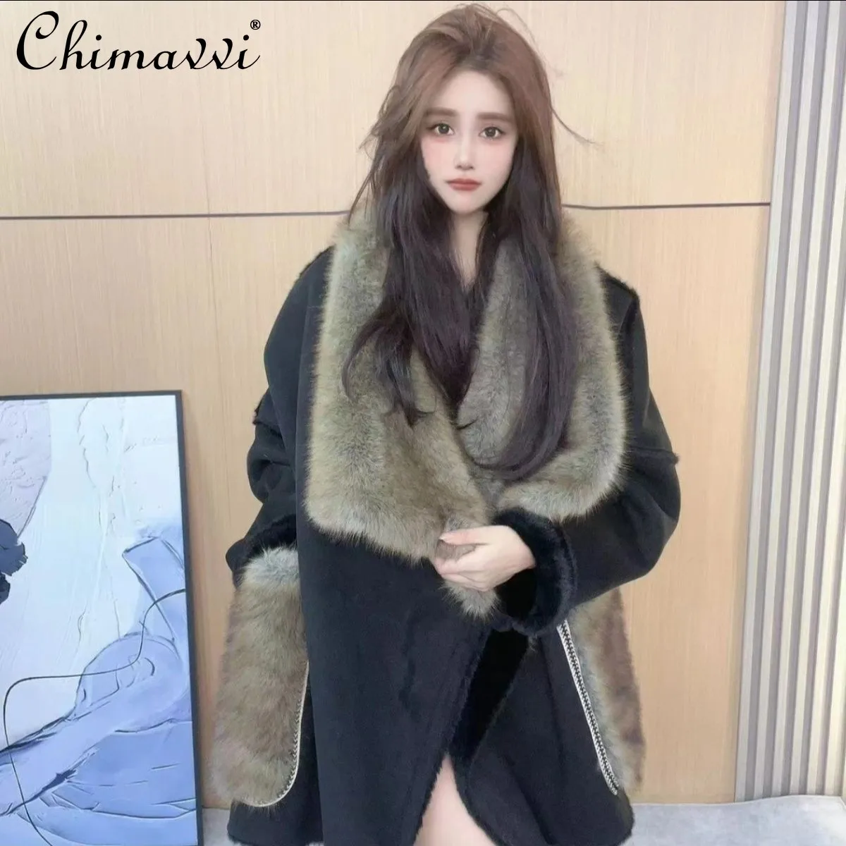 Original High-end Suede Fleece Fur Integrated Coat Women Winter New Fashion Fur Collar Loose Long Sleeve Warm Elegant Fur Jacket