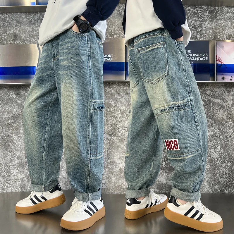 

Korean Kids Casual Cargo Jeans with Pocket for Tween Boys Fashion Streetwear Denim Pants Cowboy Child Spring Fall Jeans Trousers
