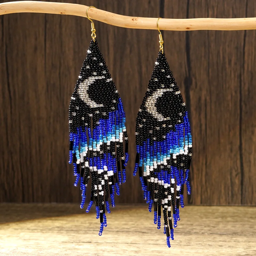 Beaded earrings Tassel Moon Aurora Design Originality Hand knitting Bohemia Alloy Tide Simple Rice bead earrings