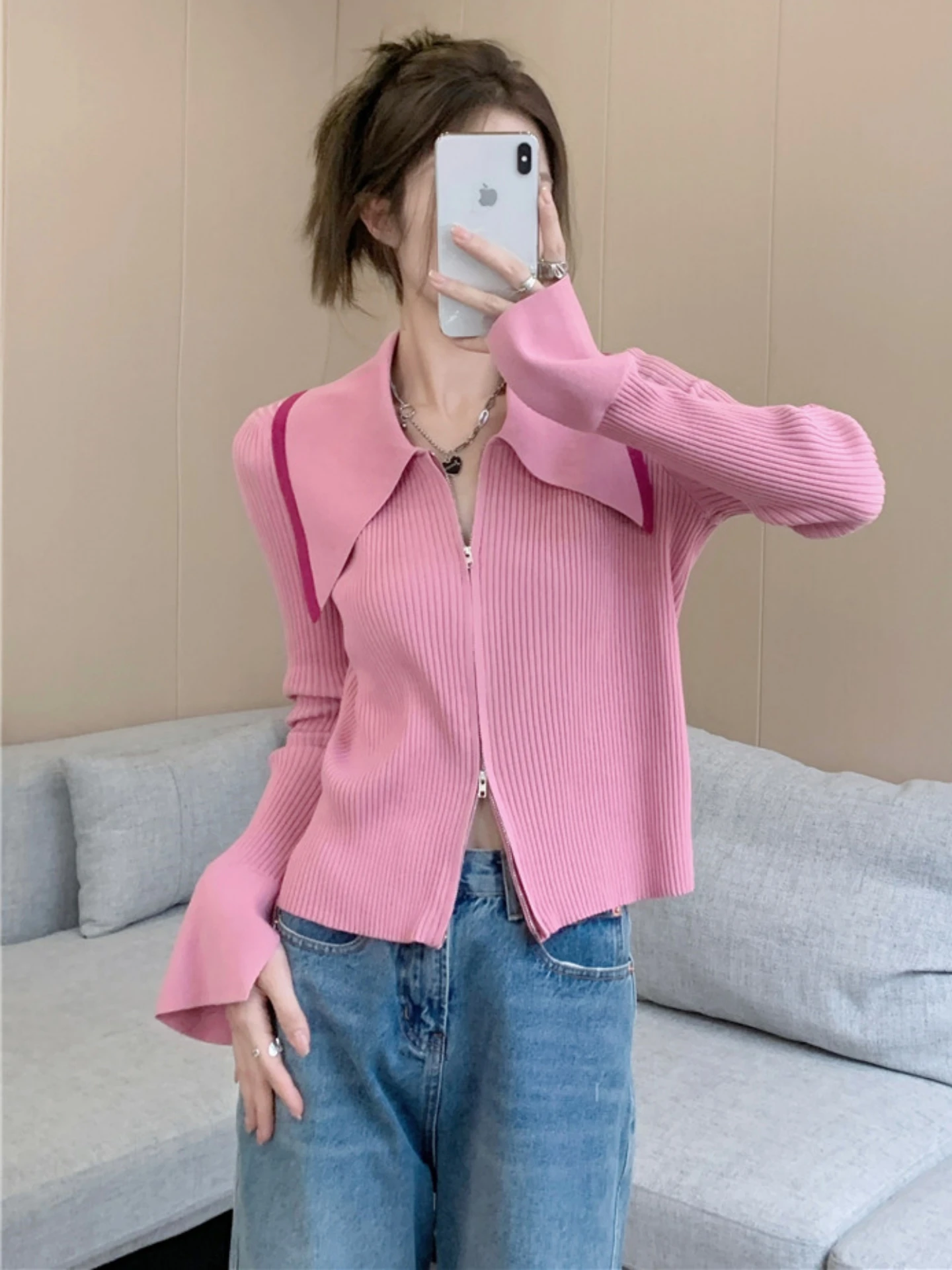 

Pink Short Knitted Cardigan Sweater Women's Spring Autumn New Large Size Fat MM Slimming Doll Collar Top Korean Style Straigh...