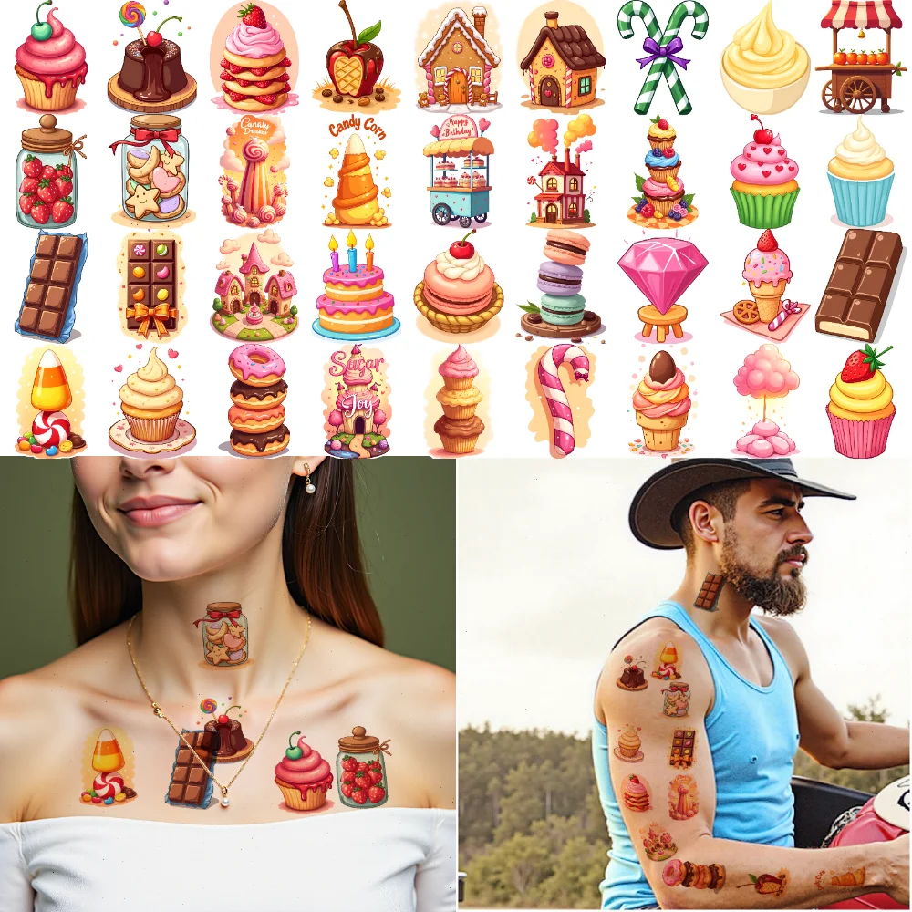 

63pcs Temporary Tattoo Pancake Waterproof Long-lasting Body Stickers Cupcake Ice Cream Temporary Tattoo Stickers Lollipop For